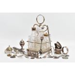 A SELECTION OF SILVER AND WHITE METAL ITEMS, to include four silver napkin rings, each with full
