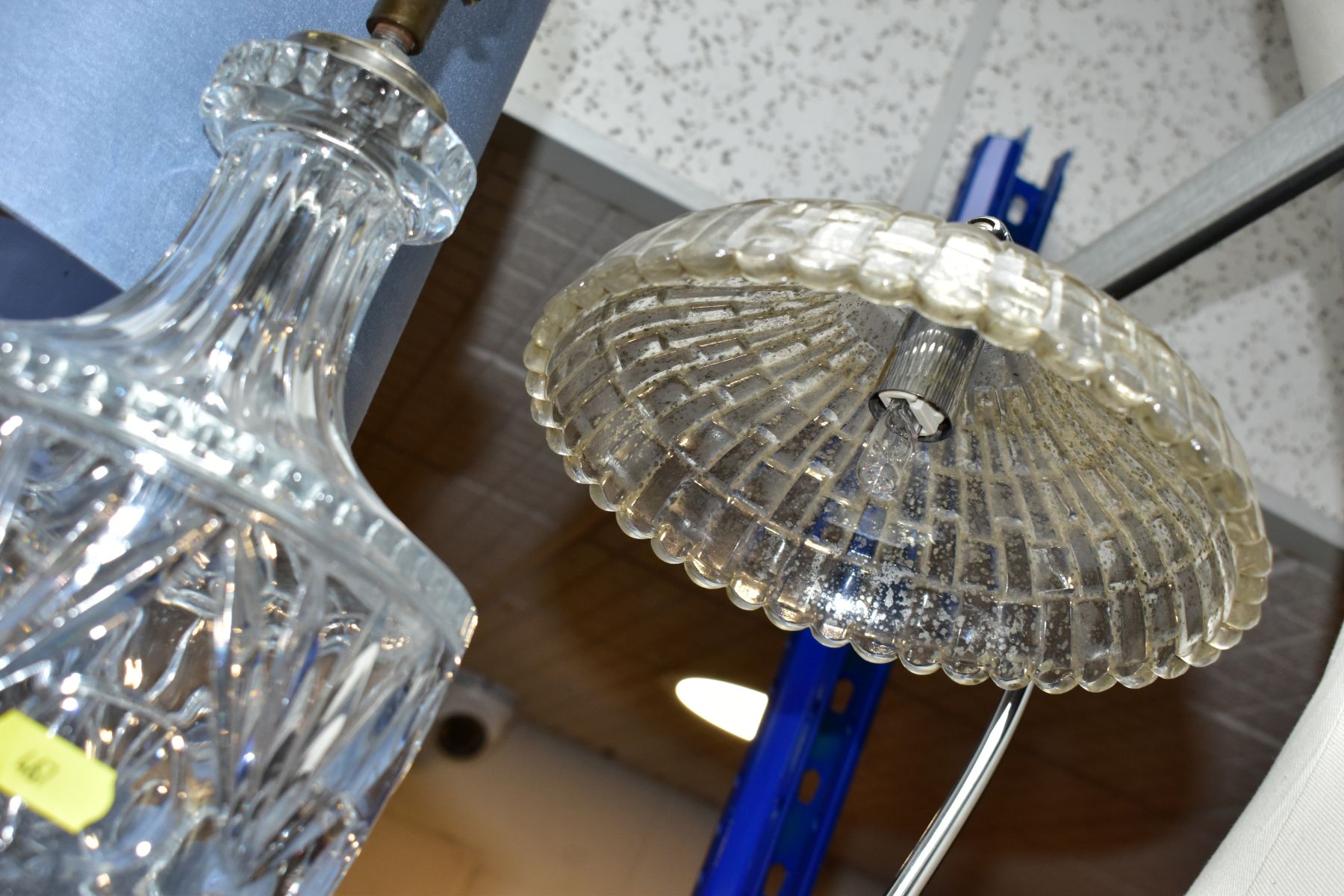 THREE ELECTRIC LAMPS, comprising a cut glass urn shaped table lamp with blue shade, height - Image 4 of 8