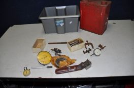 A VINTAGE FUEL CAN WITH CAP ( some rust present) and a tray containing engineers test equipment