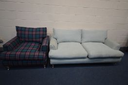A HARLEQUIN TWO PIECE LOUNGE SUITE, matching frames but different upholstery and colours, comprising