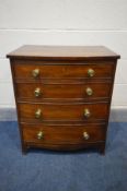 A 20TH CENTURY GEORGIAN STYLE MAHOGANY AND CROSSBANDED BOW FRONT BACHELORS CHEST, of four drawers,