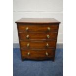 A 20TH CENTURY GEORGIAN STYLE MAHOGANY AND CROSSBANDED BOW FRONT BACHELORS CHEST, of four drawers,