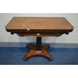 A VICTORIAN ROSEWOOD CARD TABLE, the fold over top enclosing a green baized playing surface, on a