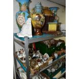 SEVEN BOXES AND LOOSE CERAMICS AND ORNAMENTS, VASES, TEAWARES, ETC, to include stoneware bottle,