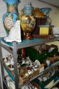 SEVEN BOXES AND LOOSE CERAMICS AND ORNAMENTS, VASES, TEAWARES, ETC, to include stoneware bottle,