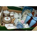 TWO BOXES AND LOOSE CERAMICS, including Wedgwood Clio pattern bone china, Beswick seated puppies,