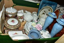 TWO BOXES AND LOOSE CERAMICS, including Wedgwood Clio pattern bone china, Beswick seated puppies,