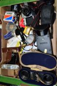 A BOX OF PHOTOGRAPHIC EQUIPMENT, to include a Pentax Sp100 SLR film camera with Pentax 55mm f2 and