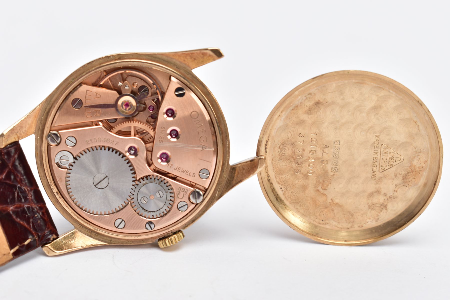 A GENTS 9CT GOLD OMEGA WRISTWATCH, hand wound movement, round champagne dial signed 'Omega', baton - Image 8 of 8