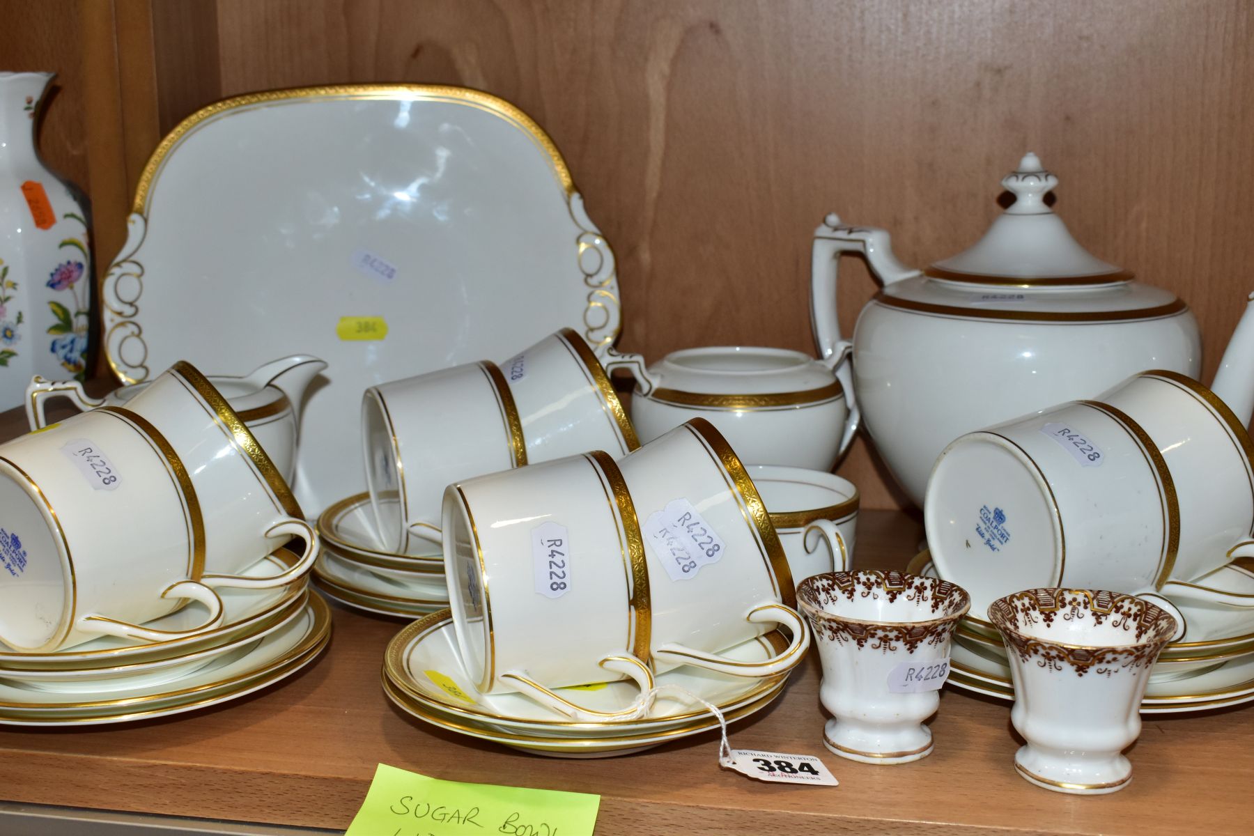 A COALPORT 'ELITE-GOLD' PATTERN TEA SET, comprising tea pot (second), milk jug, twin handled sugar