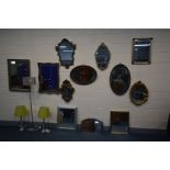 TWELVE VARIOUS WALL MIRRORS of various styles, sizes, ages and materials, along with a modern