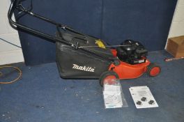 A MAKITA EUM430 PETROL LAWN MOWER with grass bag and manual (engine pulls and starts)