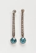 A PAIR OF 9CT WHITE GOLD GEM SET DROP EARRINGS, set with colourless topaz atop of an openwork bar