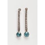 A PAIR OF 9CT WHITE GOLD GEM SET DROP EARRINGS, set with colourless topaz atop of an openwork bar