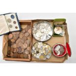 BOX AND TINS OF MIXED COINS to include a bronze medal 65 gr 51mm World Cup Countries from 1930