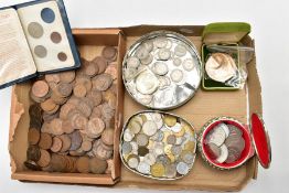 BOX AND TINS OF MIXED COINS to include a bronze medal 65 gr 51mm World Cup Countries from 1930