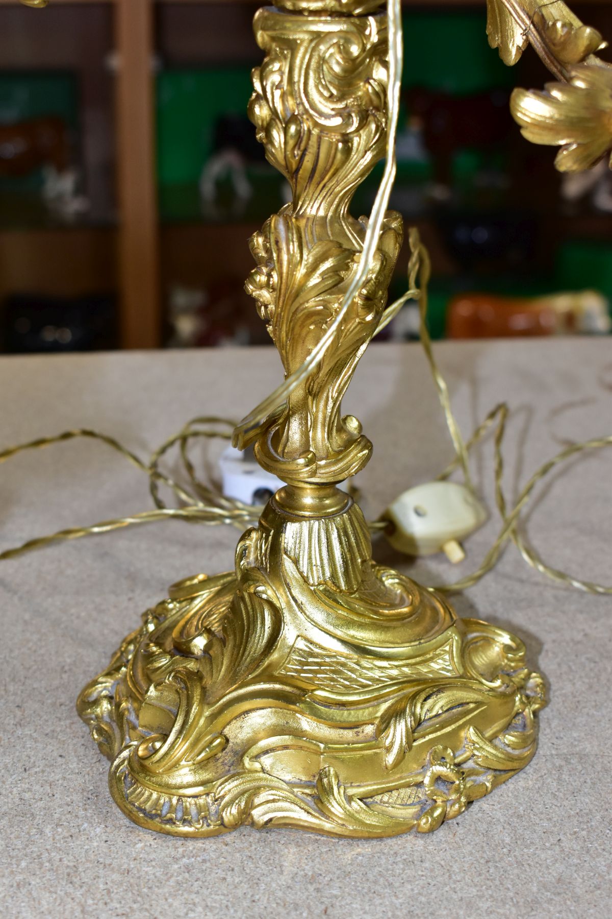 A GILT METAL TABLE LAMP IN THE FORM OF A THREE LIGHT CANDELABRA, height approximately 45cm excluding - Image 10 of 10