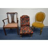 A GEORGIAN MAHOGANY SPLAT BACK ELBOW CHAIR on block legs (missing stretcher) late Victorian button