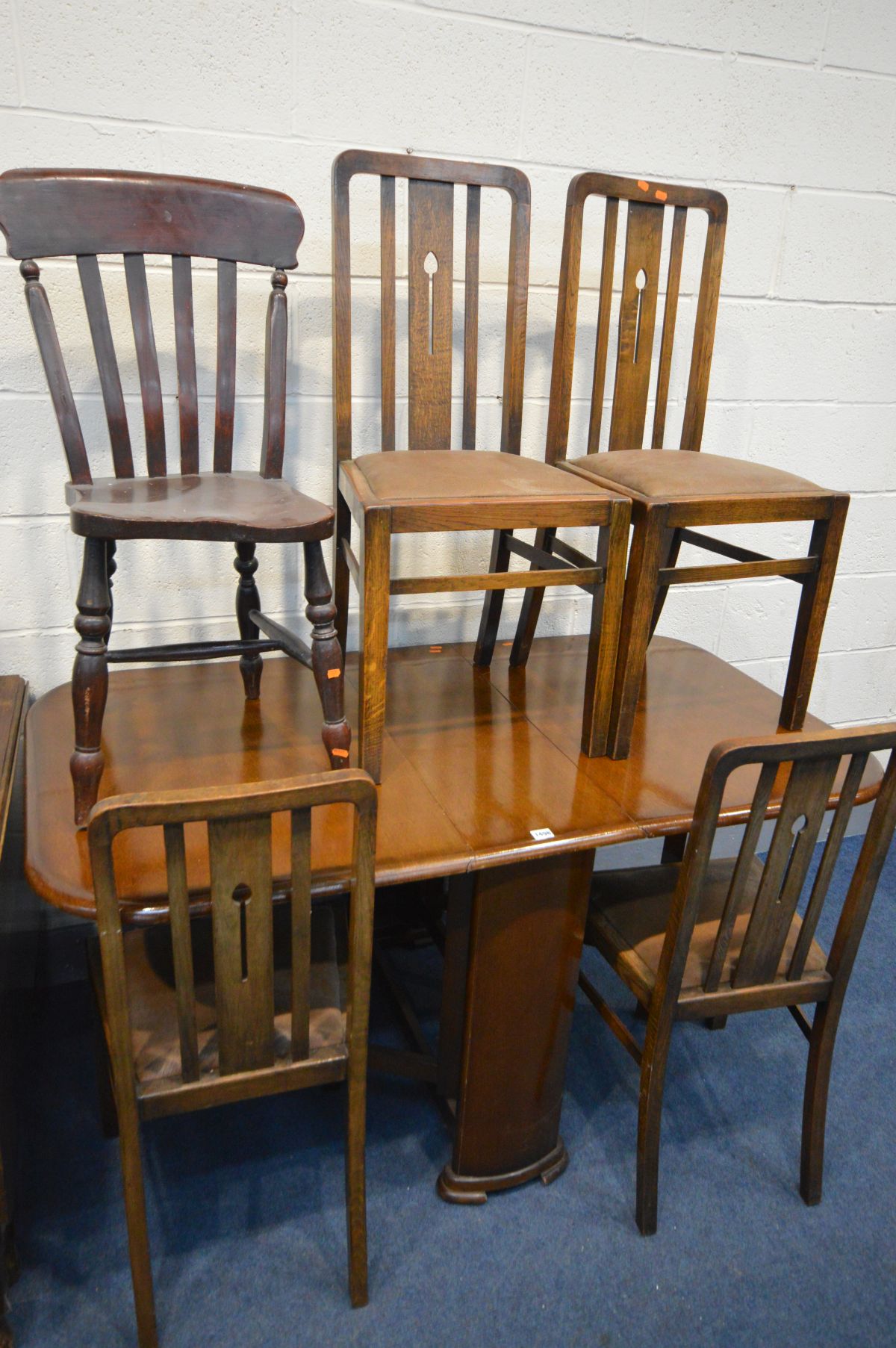 THREE VARIOUS OAK TABLES, and a set of four Arts and Crafts oak chairs, and five other chairs (12) - Image 2 of 4