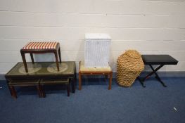 A QUANTITY OF OCCASIONAL FURNITURE, to include an atlas coffee/nest of three tables, stag stool,