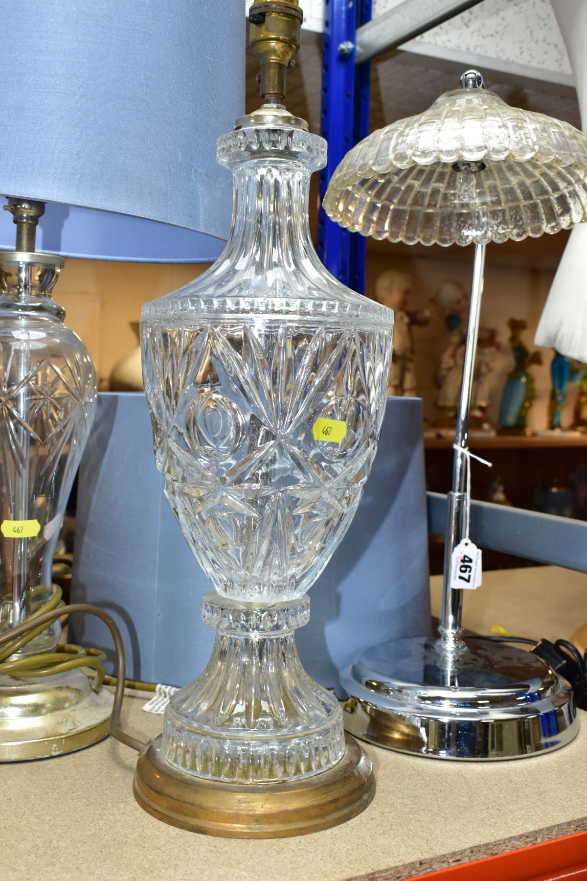 THREE ELECTRIC LAMPS, comprising a cut glass urn shaped table lamp with blue shade, height - Image 3 of 8