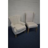 AN MODERN OATMEAL UPHOLSTERED ARMCHAIR and another chair (2)