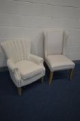 AN MODERN OATMEAL UPHOLSTERED ARMCHAIR and another chair (2)