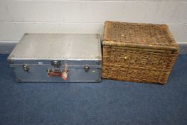 A STAINLESS STEEL TRAVELLING TRUNK, and a wicker blanket chest (2)