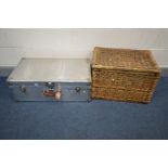 A STAINLESS STEEL TRAVELLING TRUNK, and a wicker blanket chest (2)