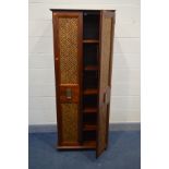 A MODERN HARDWOOD DOUBLE DOOR CABINET, woven rattan effect panelled doors, width 73cm x depth 51cm x