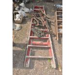 THREE PAIRS OF MODERN CAST ALUMINIUM BENCH ENDS and a slightly distressed wooden step ladder (4)