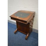 A LATE VICTORIAN MAHOGANY AND MARQUETRY INLAID DAVENPORT, four drawers and dummy drawers opposing,