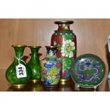 A SMALL GROUP OF MODERN CLOISONNE ITEMS, comprising a pair of small green vases, height 10.5cm (both