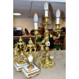 A GILT METAL TABLE LAMP IN THE FORM OF A THREE LIGHT CANDELABRA, height approximately 45cm excluding