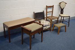 A QUANTITY OF VAROUS CHAIRS/STOOLS, to include a nursing chair, beech chair, piano stool, duet