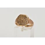 A GENTS 9CT GOLD SIGNET RING, the ring head of a square shape with cut off corners, engraved initial