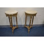 A PAIR OF 20TH CENTURY CIRCULAR GILTWOOD LOUIS XVI STYLE OCCASSIONAL TABLES, with marble tops,