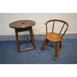 A 19TH CENTURY STAINED ELM OVAL STOOL, along with a beech child's rocking chair (2)