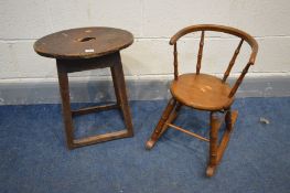 A 19TH CENTURY STAINED ELM OVAL STOOL, along with a beech child's rocking chair (2)