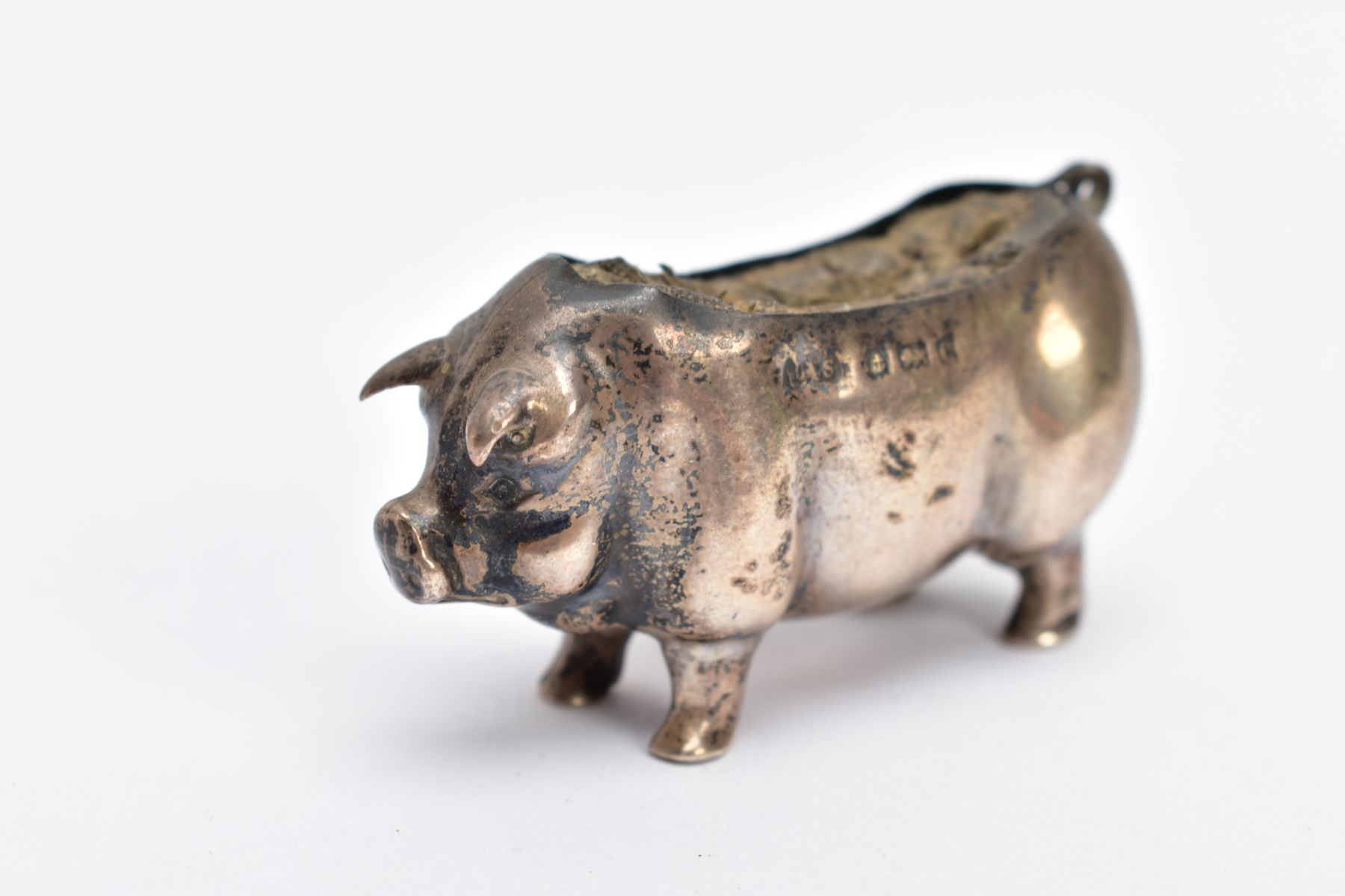 AN EDWARDIAN SILVER PIN CUSHION, in the form of a standing pig, hallmarked 'Levi & Salaman' - Image 3 of 6