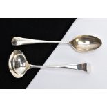 A SILVER TEASPOON AND A SILVER SAUCE LADLE, the teaspoon of an old English pattern, engraved