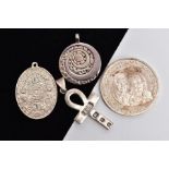 TWO SILVER PENDANTS, A WHITE METAL PENDANT AND A COMMEMORATIVE COIN, the first silver pendant in the