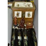 CHINESE DECORATIVE WOODEN ITEMS, comprising four Mah-Jong tile racks, black lacquer and painted