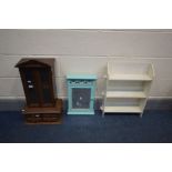 A SMALL HARDWOOD TWO DOOR CABINET, width 36cm x depth 31cm x height 65cm, hanging wall cabinet and