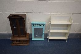 A SMALL HARDWOOD TWO DOOR CABINET, width 36cm x depth 31cm x height 65cm, hanging wall cabinet and