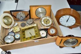 VARIOUS MANTEL CLOCKS, ALARM CLOCKS, TIMEPIECES ETC, to include Smiths mantel clock (key), three