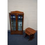 A CHERRYWOOD CHINA CABINET, with raised back, double doors enclosing three fixed glass shelves,