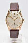 A GENTS 9CT GOLD OMEGA WRISTWATCH, hand wound movement, round champagne dial signed 'Omega', baton