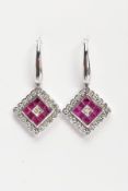 A PAIR OF WHITE METAL, DIAMOND AND RUBY DROP EARRINGS, each drop of a diamond shape, set with square