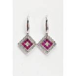 A PAIR OF WHITE METAL, DIAMOND AND RUBY DROP EARRINGS, each drop of a diamond shape, set with square